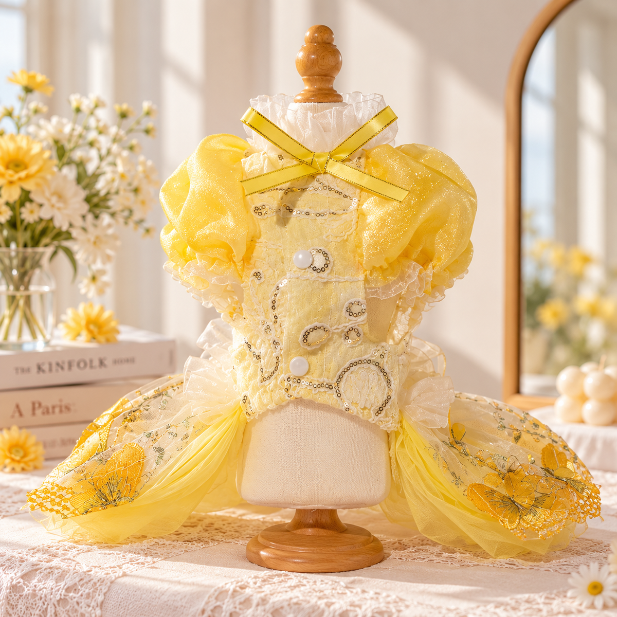 Back view of yellow handmade pet dress with puff sleeves bow and white buttons