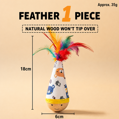 Multicolor feather wooden wobble cat toy showing 18 by 6 centimeter dimensions