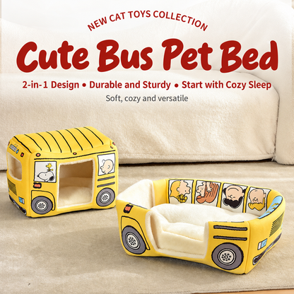 Yellow bus pet bed pictured in enclosed house and open lounge configurations