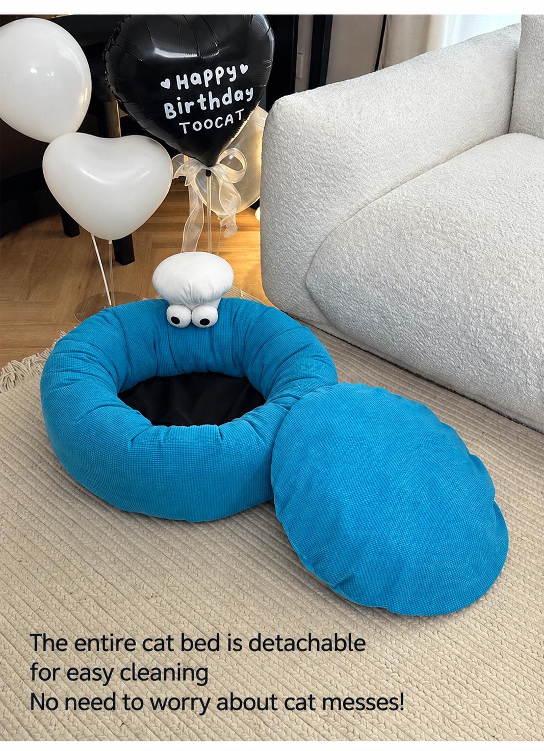 Monster Face Round Bolster Cat Bed - blue bed with removable center cushion - image 6