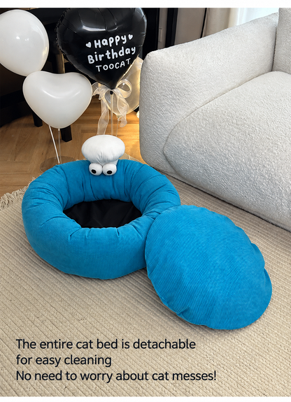 Monster Face Round Bolster Cat Bed - blue bed with removable center cushion - image 6