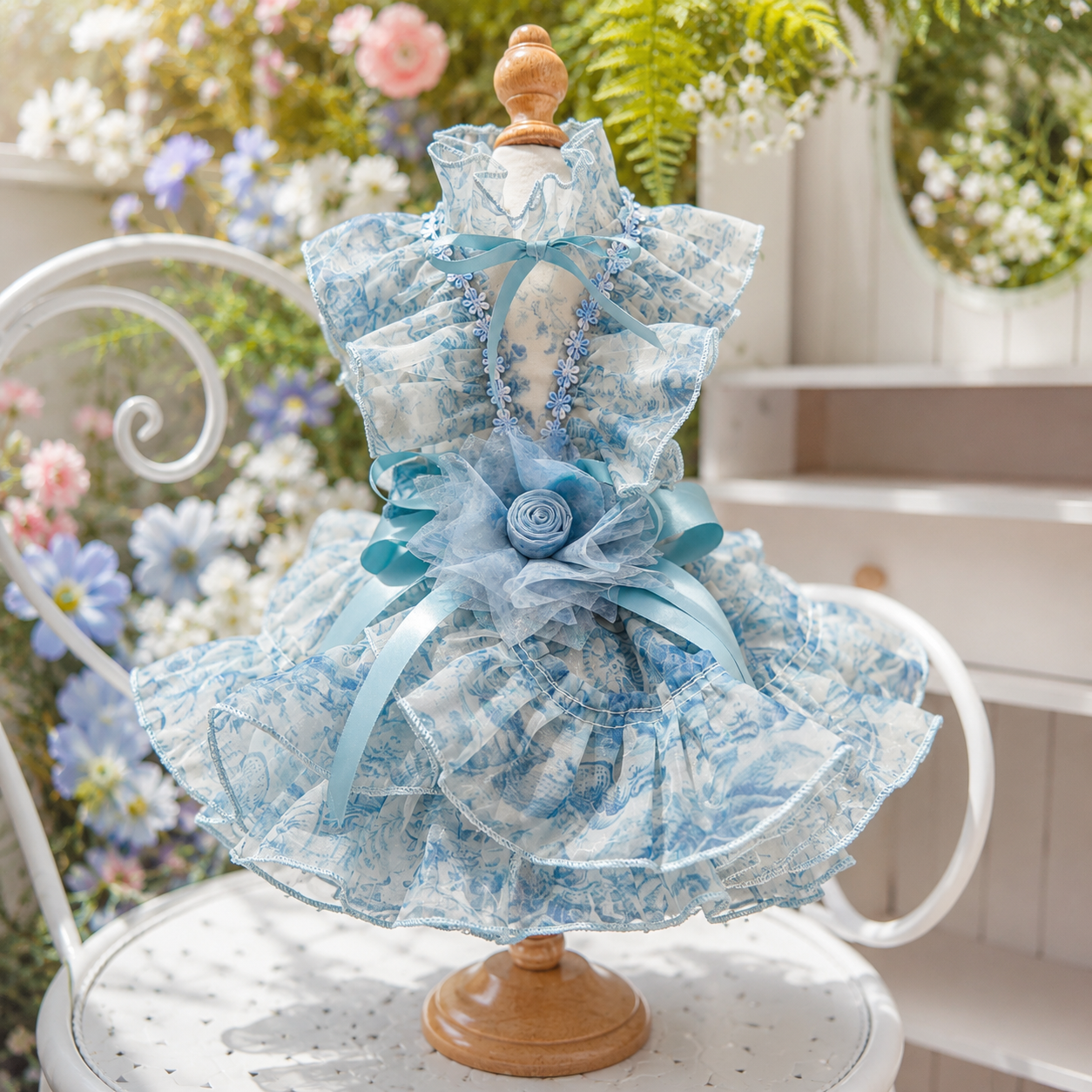 Blue floral pet wedding dress displayed with detachable cathedral-style train and romantic bridal presentation