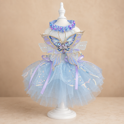 Blue butterfly tulle pet dress front view with beaded collar and short skirt