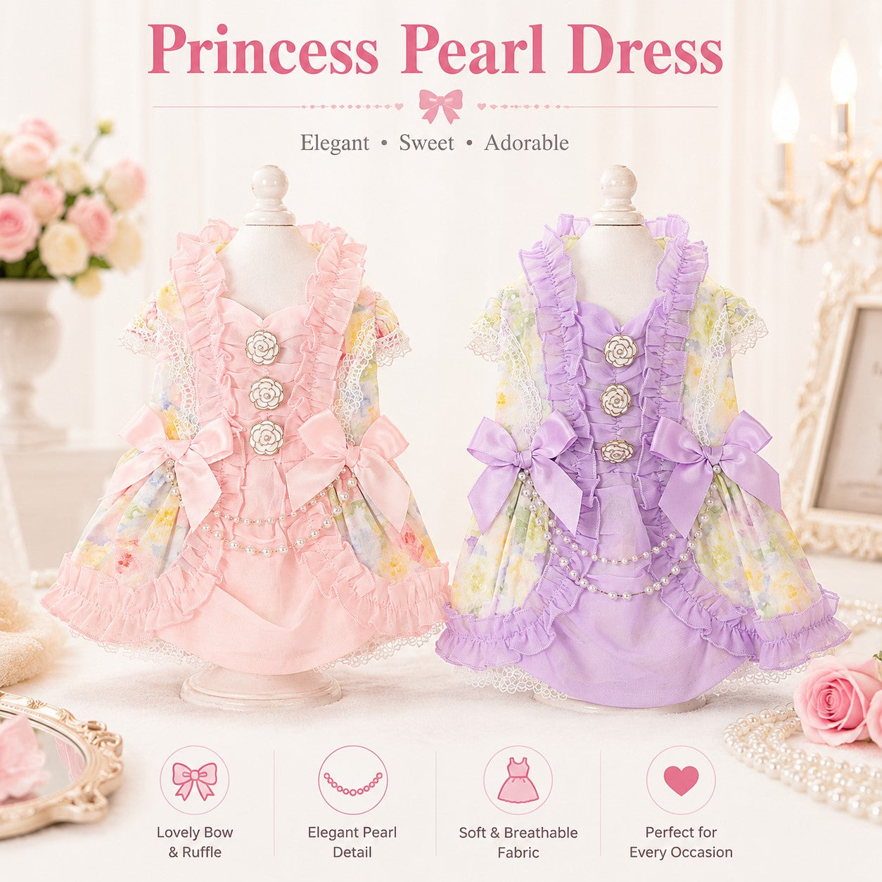 Princess pearl dog dresses in blush pink and lavender featuring floral fabric, satin bows, and pearl embellishments
