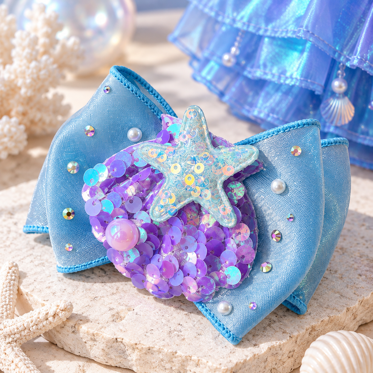 Blue mermaid pet hair bow with purple sequins pearls and starfish accent