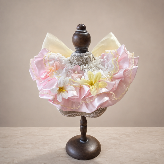 Front view of pink yellow floral satin lace pet bib collar with ruffles and flower accents