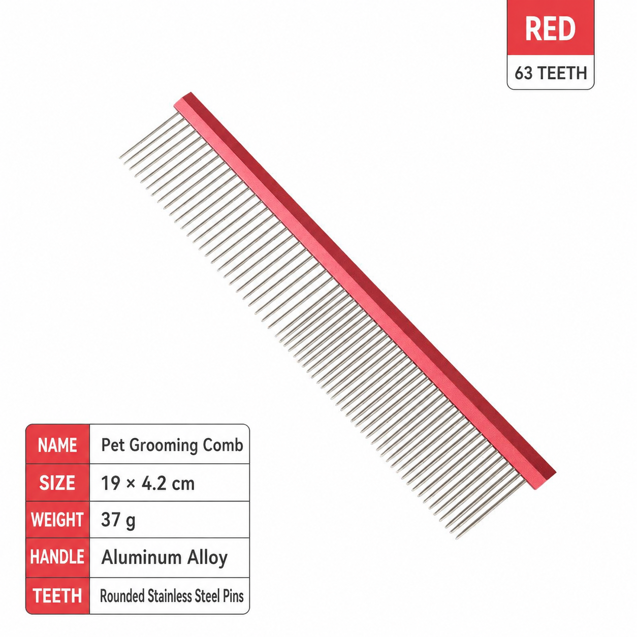 Red 63 teeth pet grooming comb with long stainless steel pins and size details
