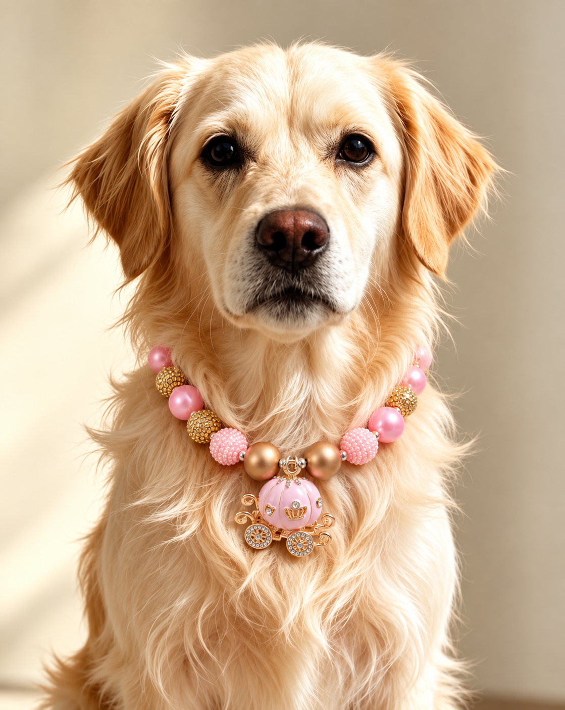 Golden retriever wearing pink pumpkin carriage pet necklace