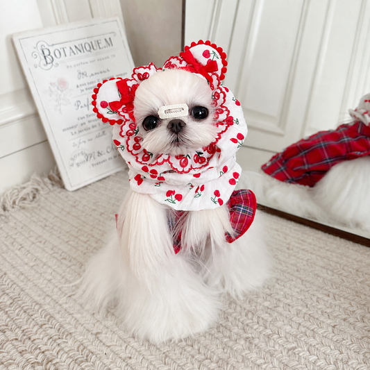 White dog wearing a red cherry-print cotton snood with ear-shaped bows