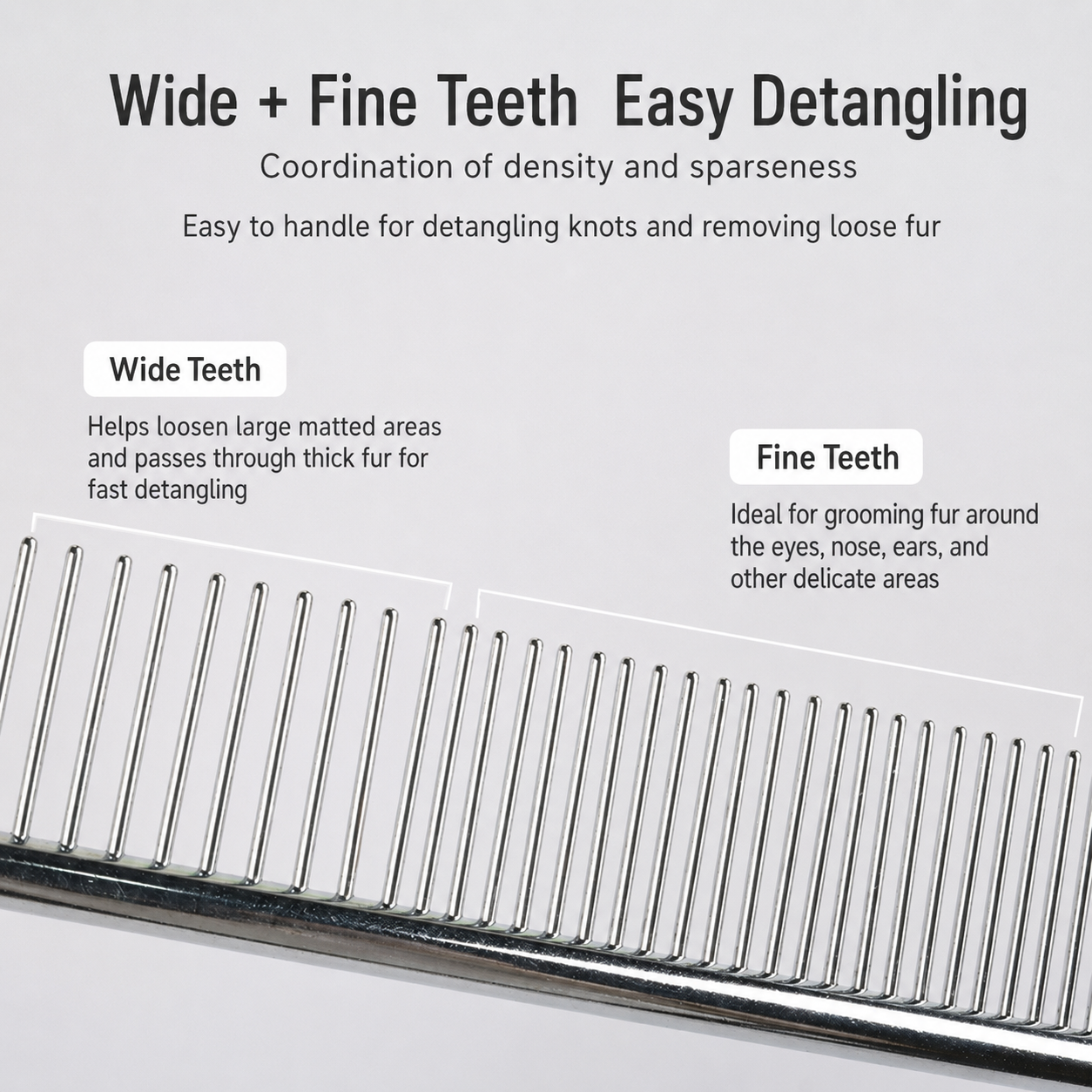 Stainless steel pet row comb close-up showing wide and fine teeth sections
