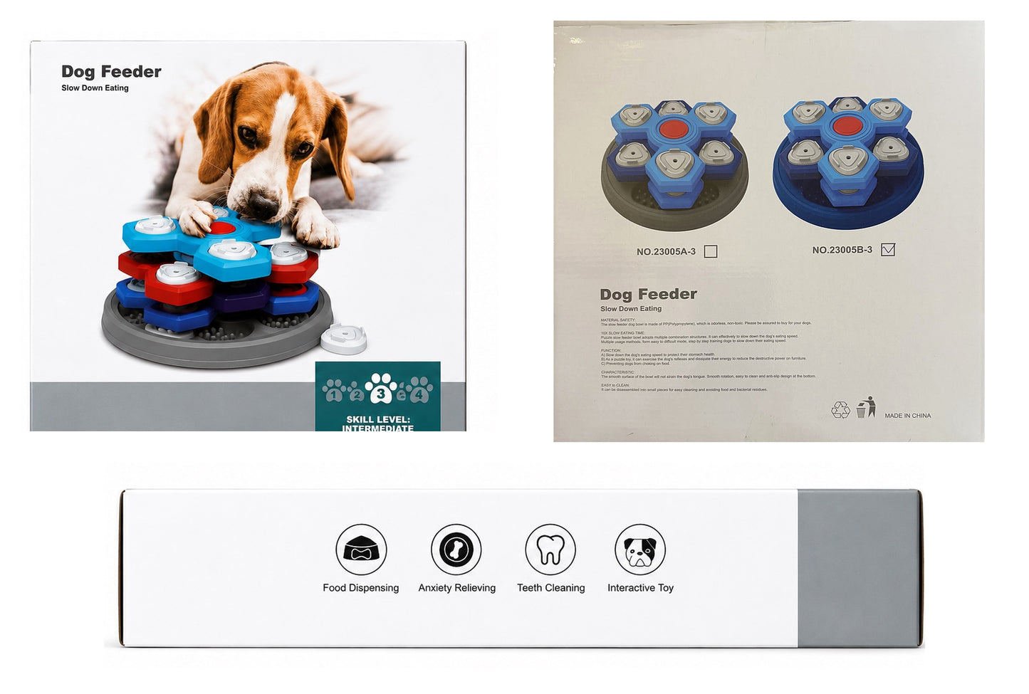 Dog feeder packaging showing three layer level 3 puzzle feeder and blue red variant