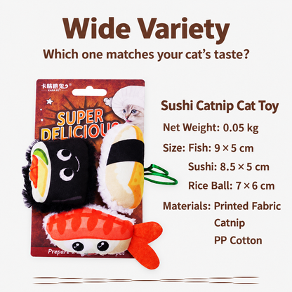 Sushi catnip cat toy set dimensions for fish sushi and rice ball pieces