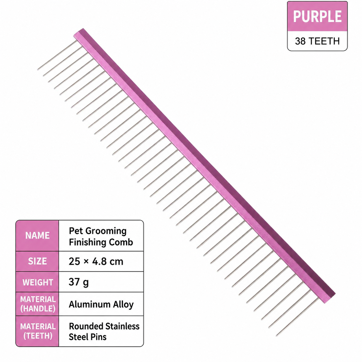 Purple 38 teeth pet grooming finishing comb with aluminum alloy handle and stainless steel pins