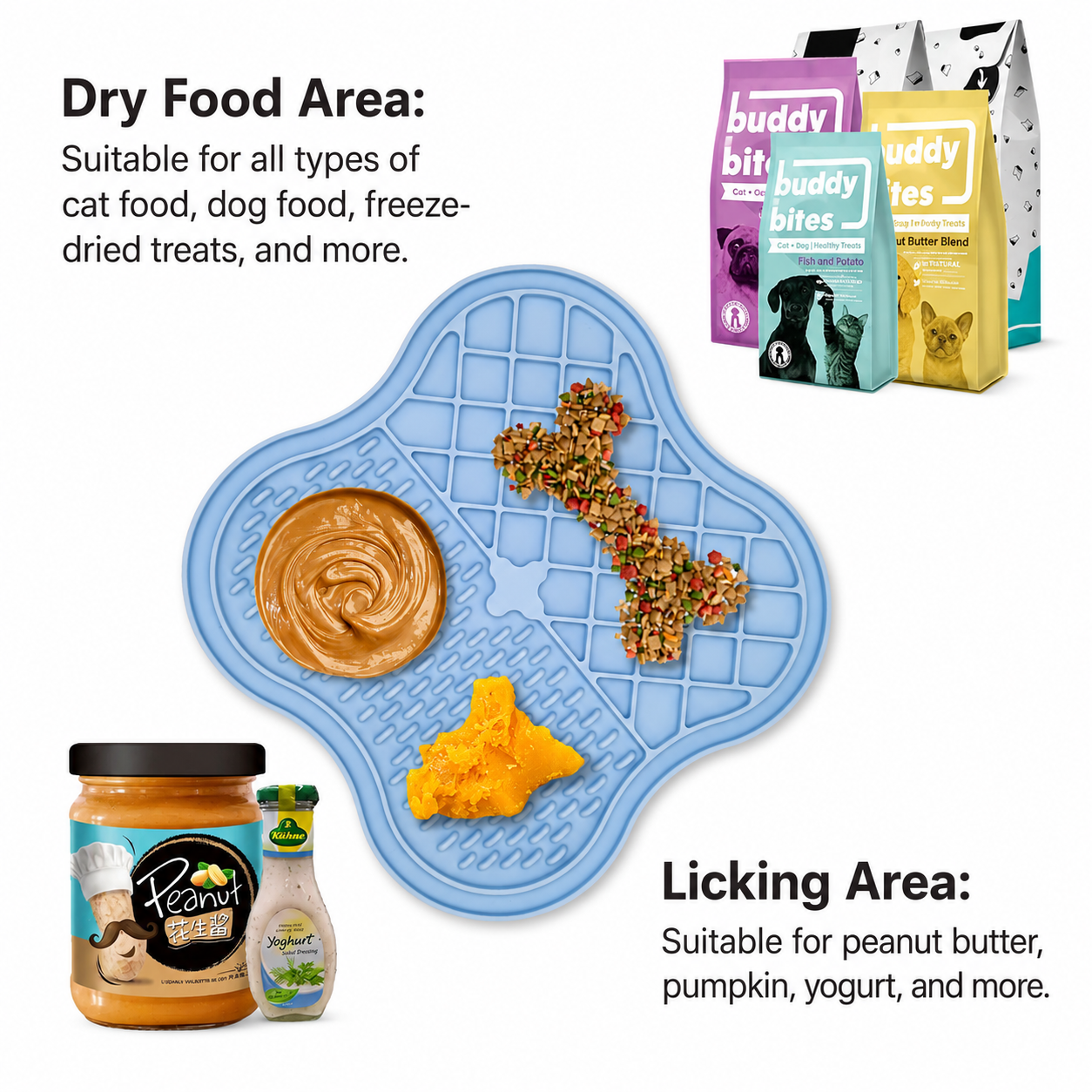 Blue four leaf clover pet lick mat showing dry food area and licking area