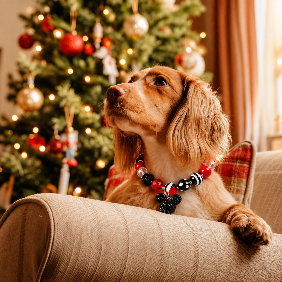 Dog wearing red black and white beaded pet necklace beside a Christmas tree