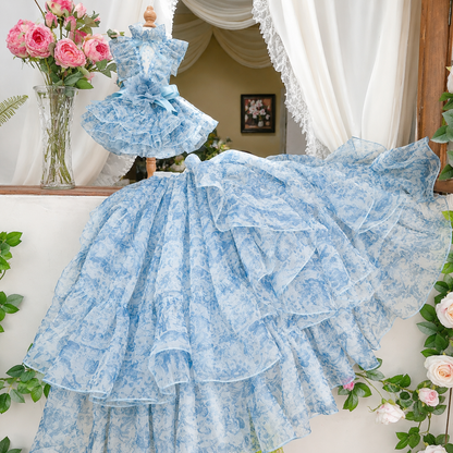 Luxury Blue Floral Pet Wedding Dress with Detachable Long Train