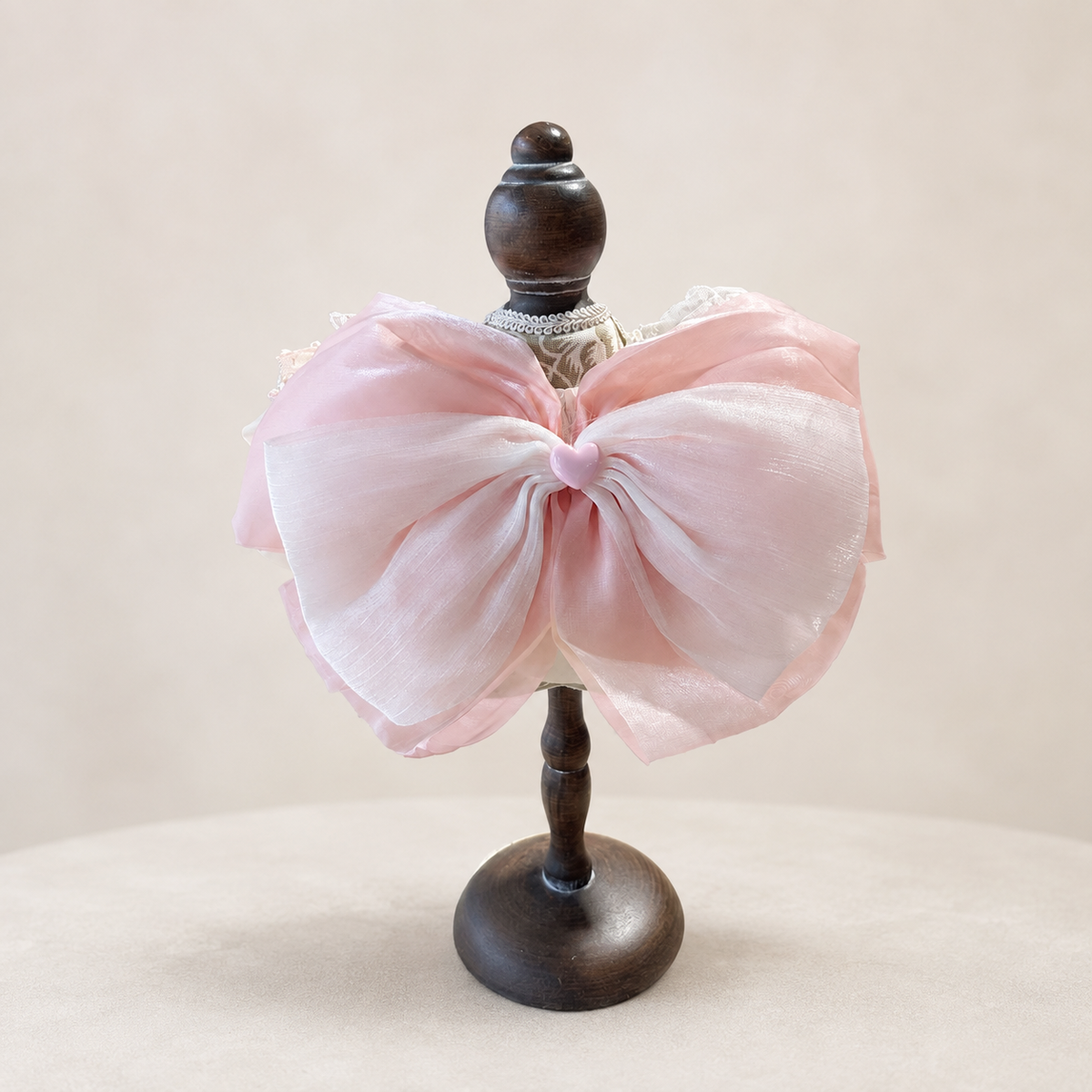 Pink Bow Satin Lace Pet Bib Collar - large pale pink back bow