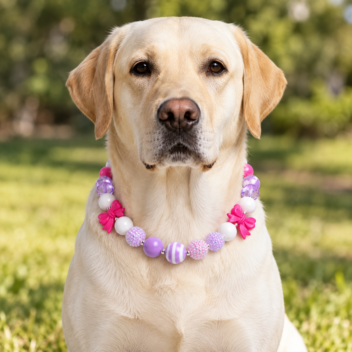 Yellow Labrador wearing pink purple and white double bow beaded necklace outdoors
