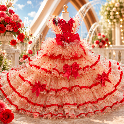 Luxury pet wedding gown displayed in romantic wedding venue with full layered skirt and dramatic long train