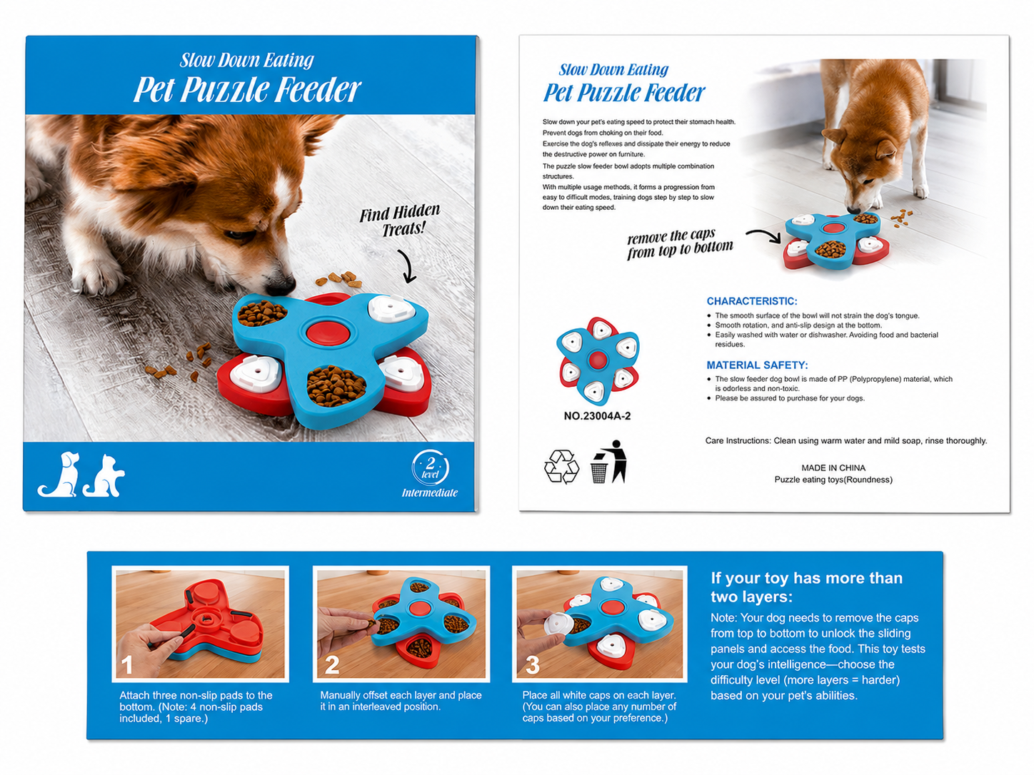 Pet puzzle feeder packaging showing two layer intermediate treat hiding toy instructions