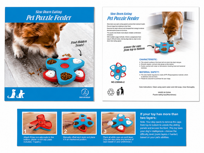 Pet puzzle feeder packaging showing two layer intermediate treat hiding toy instructions