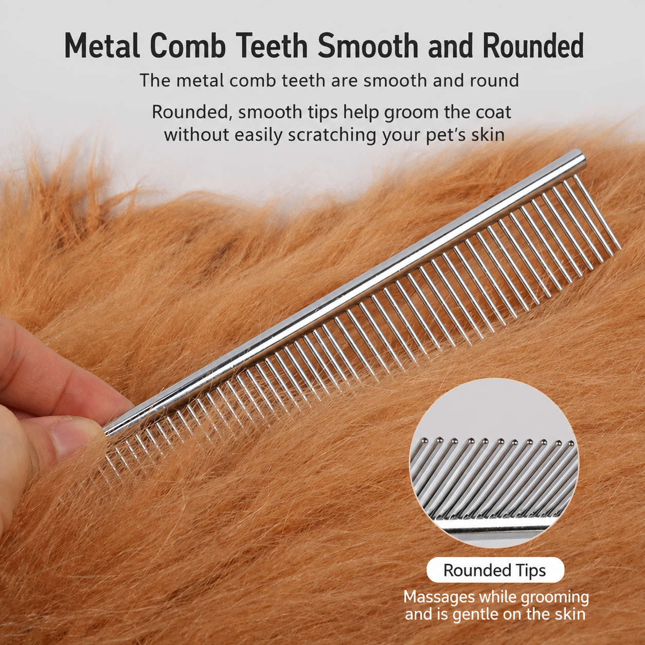 Stainless steel pet row comb on fur with rounded tooth tips detail