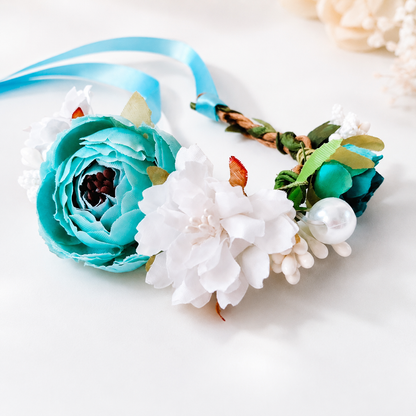 Blue and white floral pet crown headpiece with ribbon tie and pearl-style accents