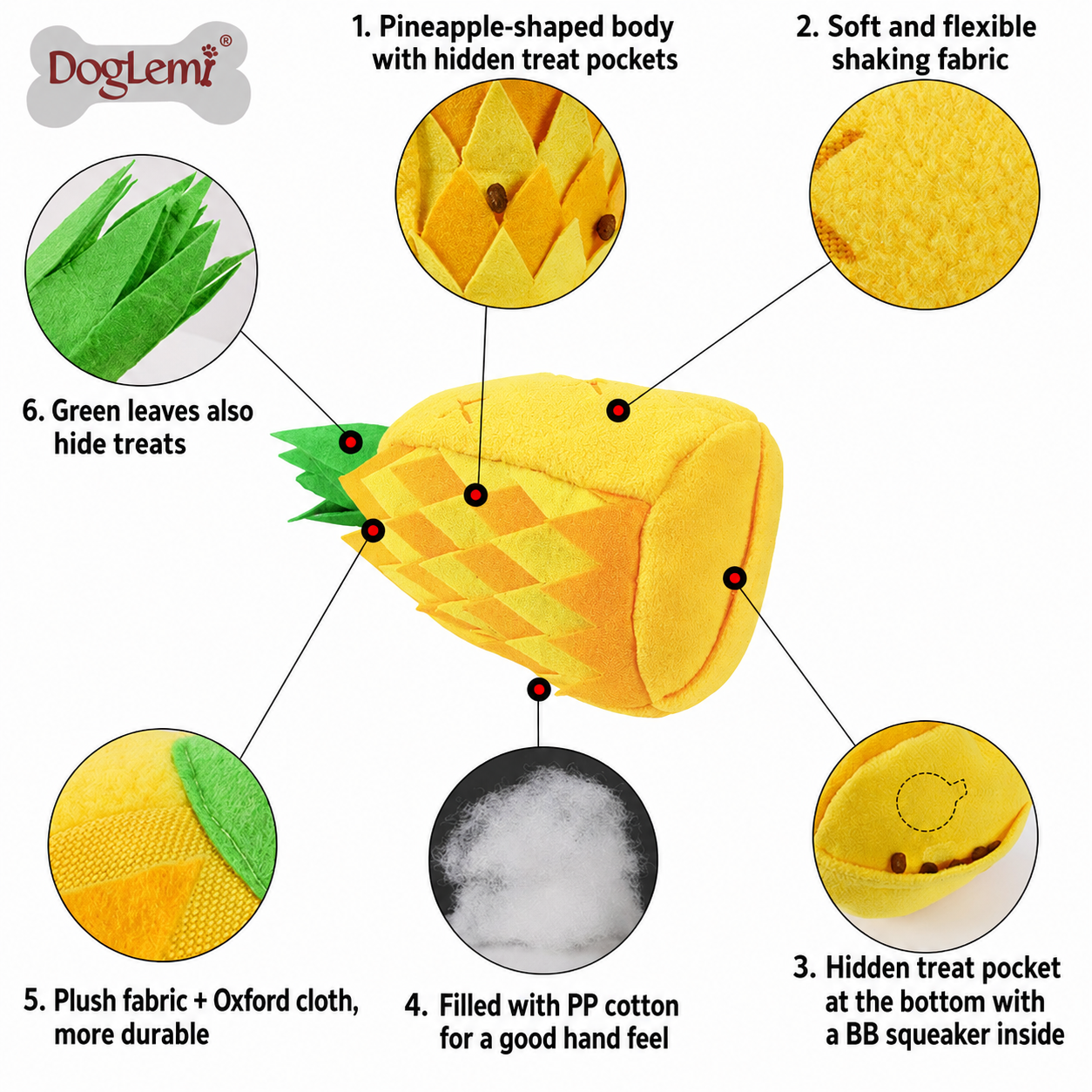 Pineapple dog enrichment toy showing hidden treat pockets squeaker plush fabric and PP cotton filling