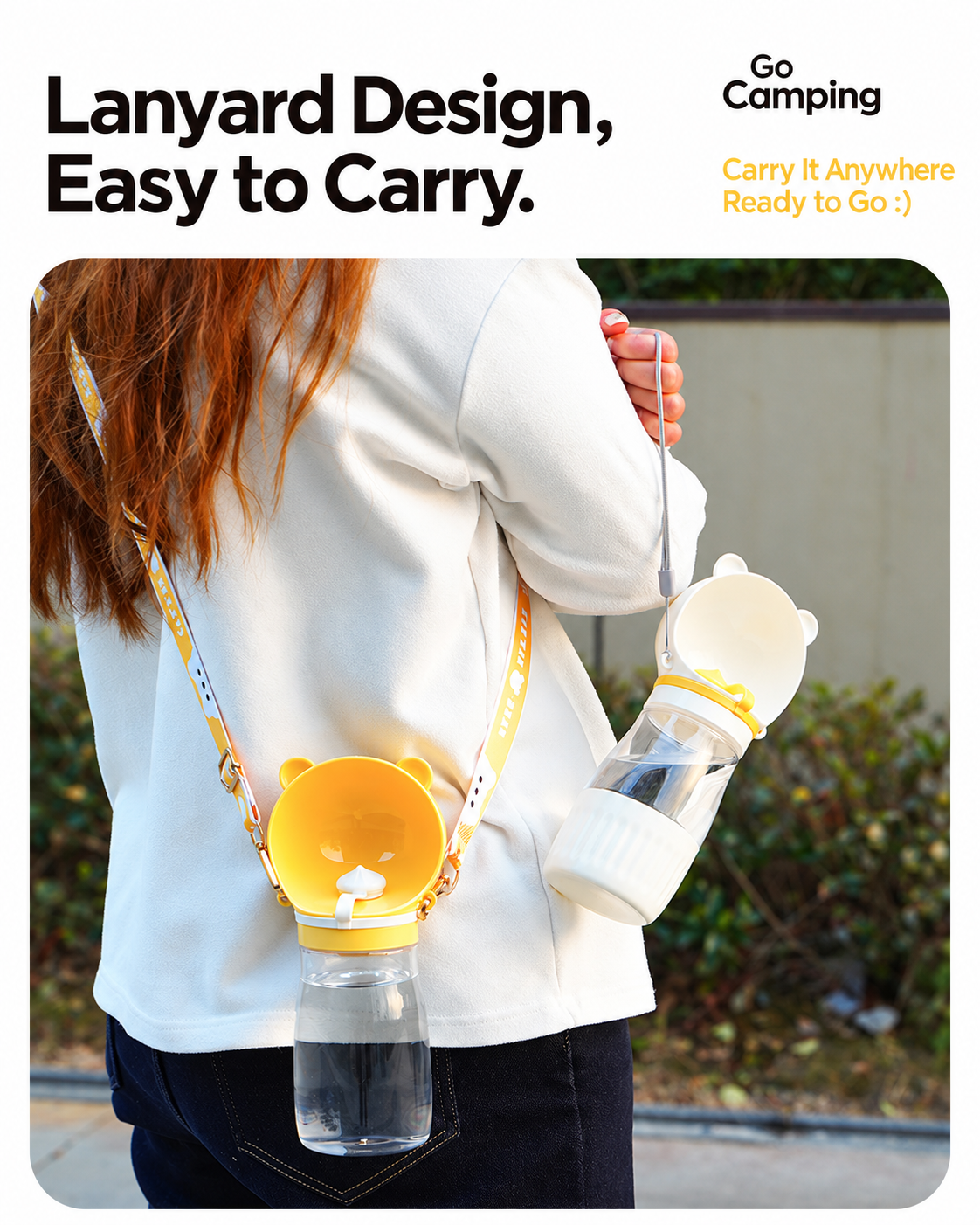 Yellow and gray portable pet water bottles worn crossbody with open drinking trays