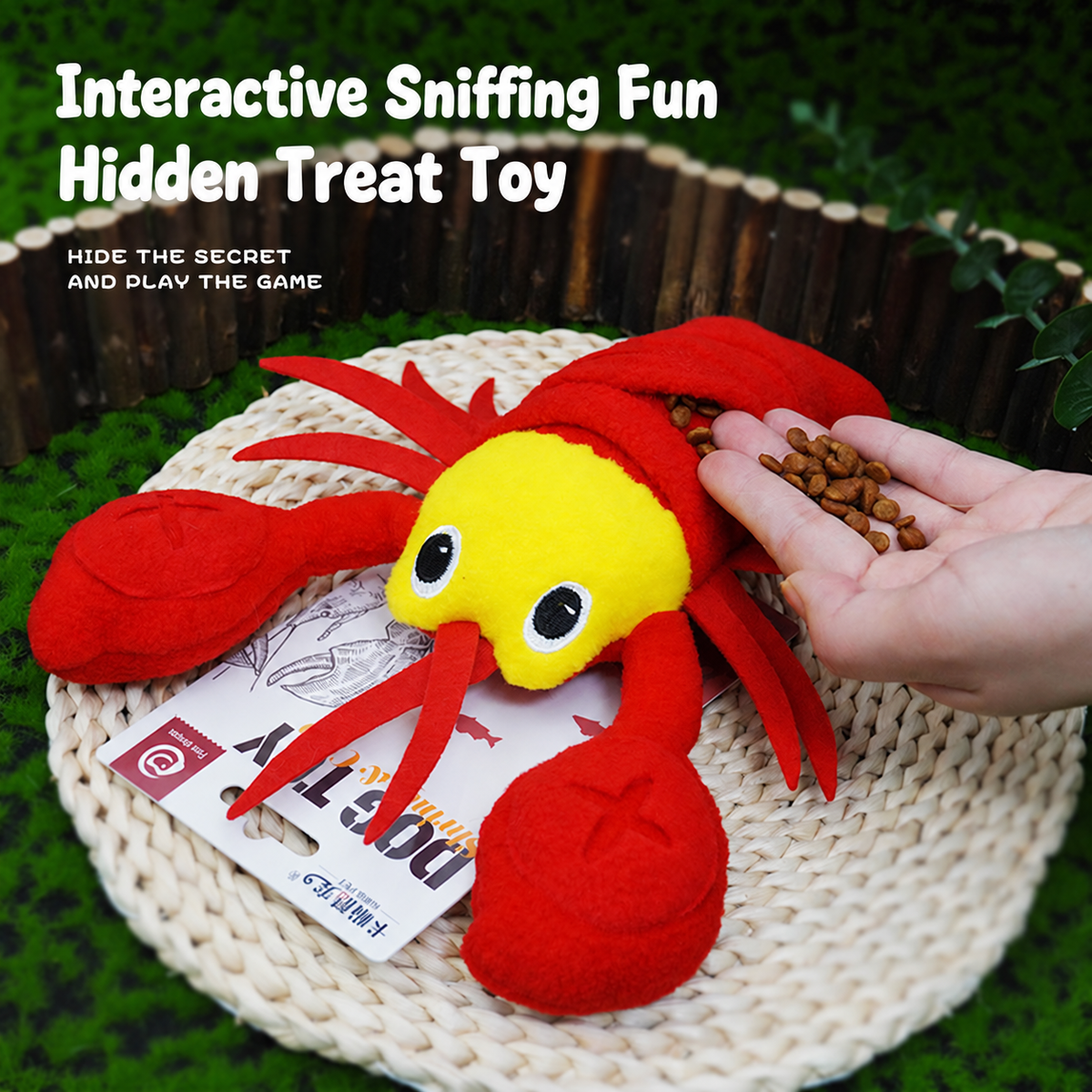 Red lobster plush dog toy showing hidden treat pocket with kibble