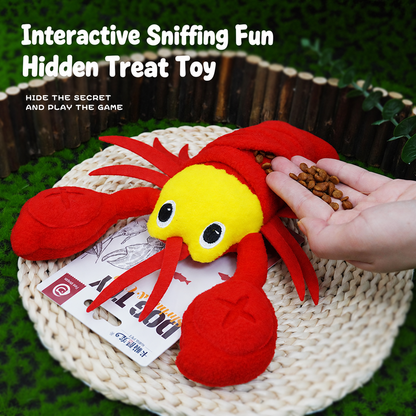 Red lobster plush dog toy showing hidden treat pocket with kibble