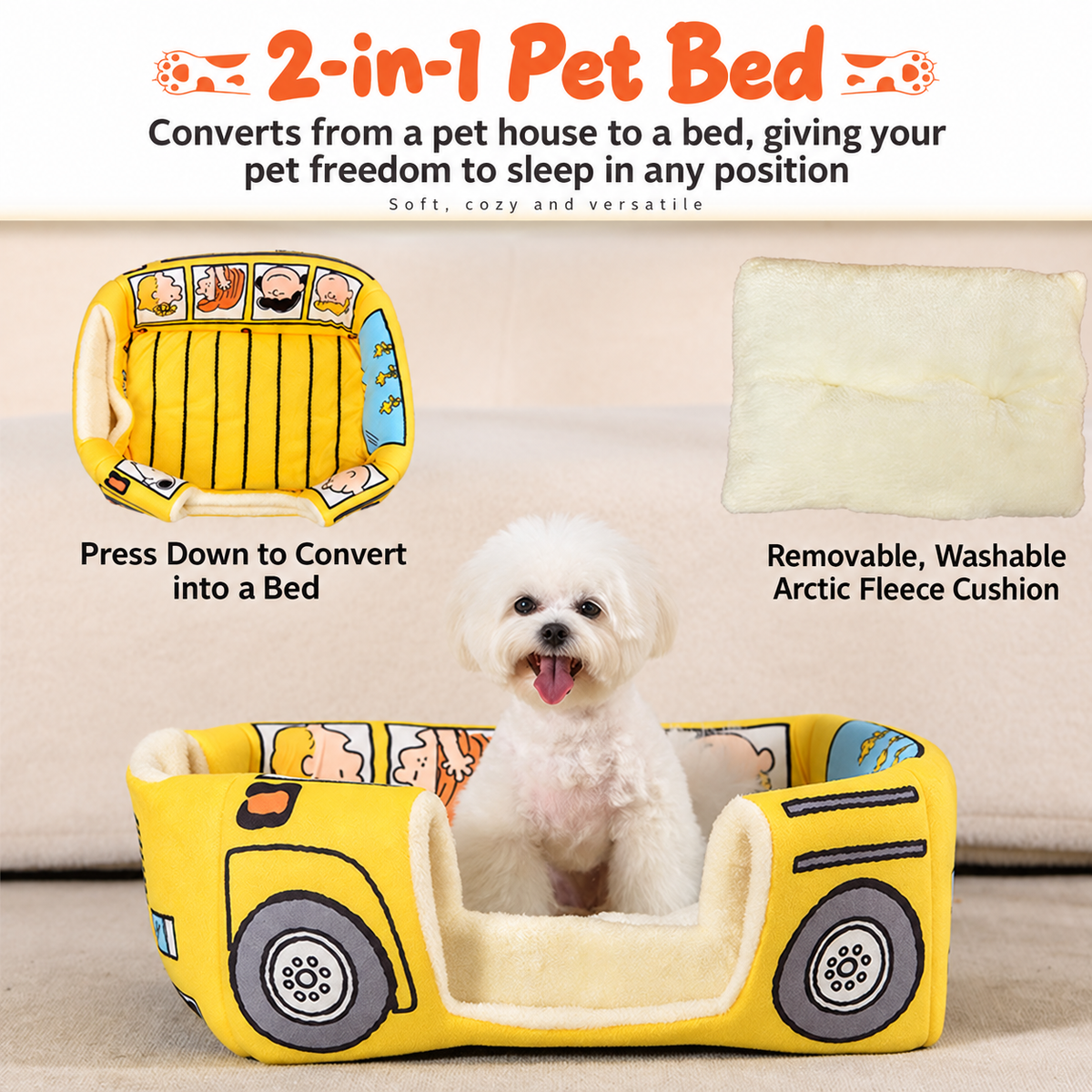Two-in-one yellow pet bed showing the pressed-down open form and removable cream cushion