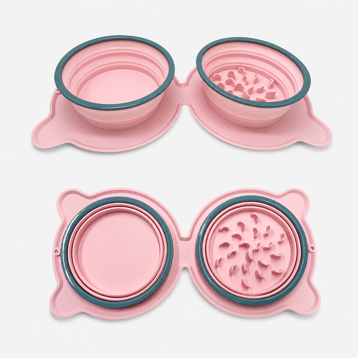 Pink silicone collapsible double pet bowl with food bowl and raised slow feeder bowl