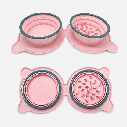 Pink silicone collapsible double pet bowl with food bowl and raised slow feeder bowl