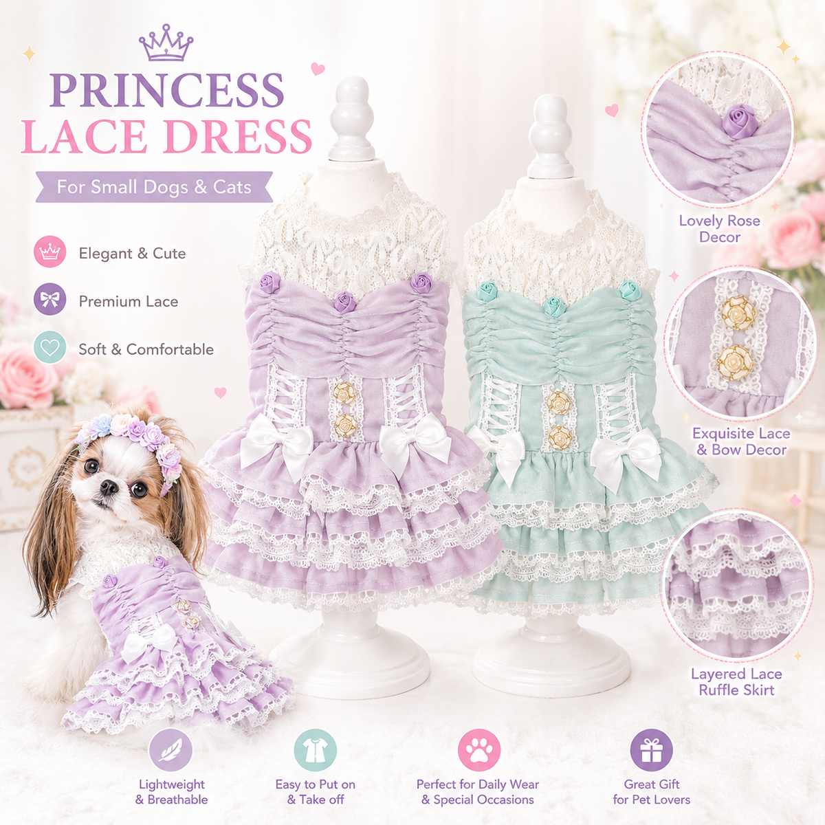 pet dog lace dress Luxury Princess lace hem Color:Cherry Blossom Print Color Group_Black Plus Size Velvet Mother