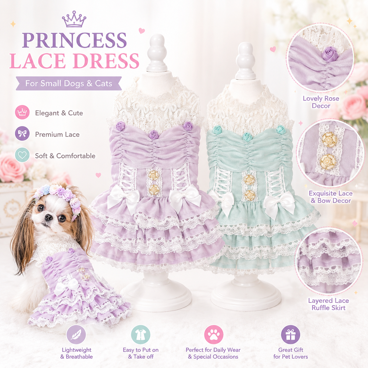 Luxury lace princess dog dress in lavender and mint green with corset waist and layered lace ruffles