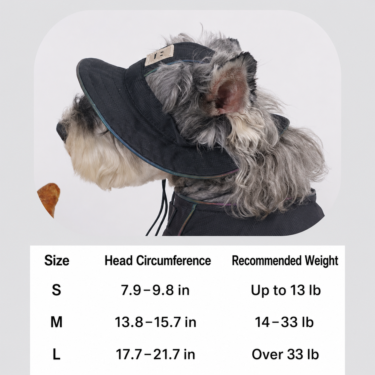 Size chart for black dog hat with S M L head circumference and recommended weight
