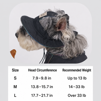 Size chart for black dog hat with S M L head circumference and recommended weight