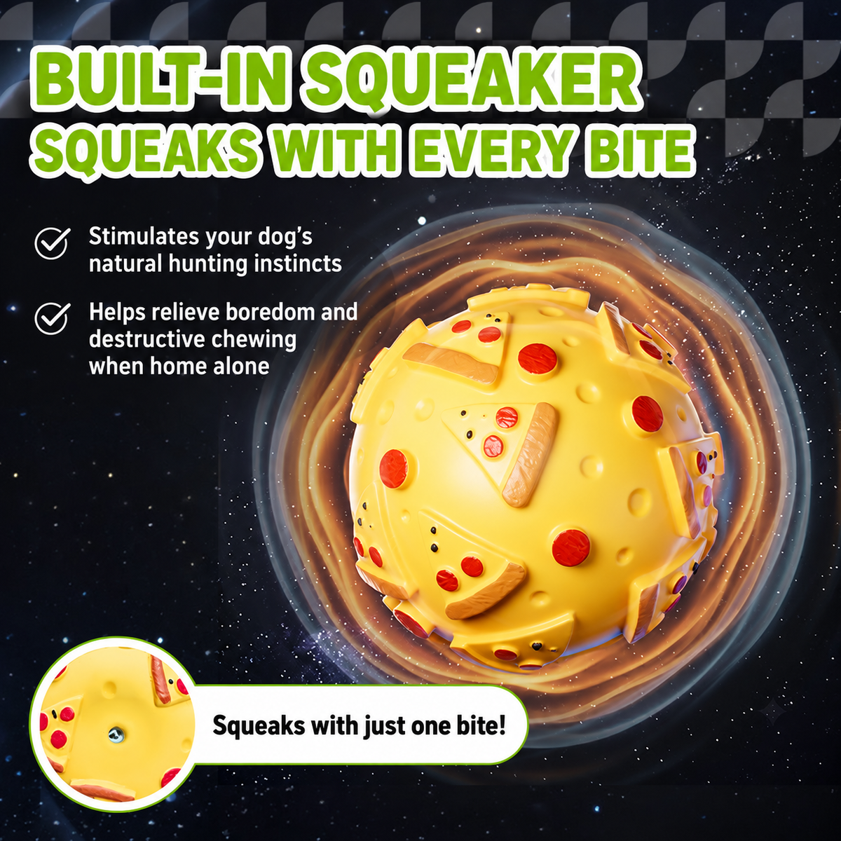 Pizza latex pet ball graphic showing the built-in squeaker opening