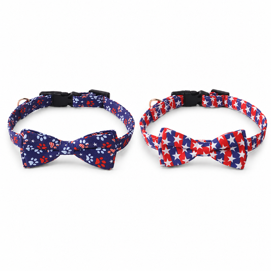 Two patriotic pet collars with matching bow ties in navy paw print and red star print patterns