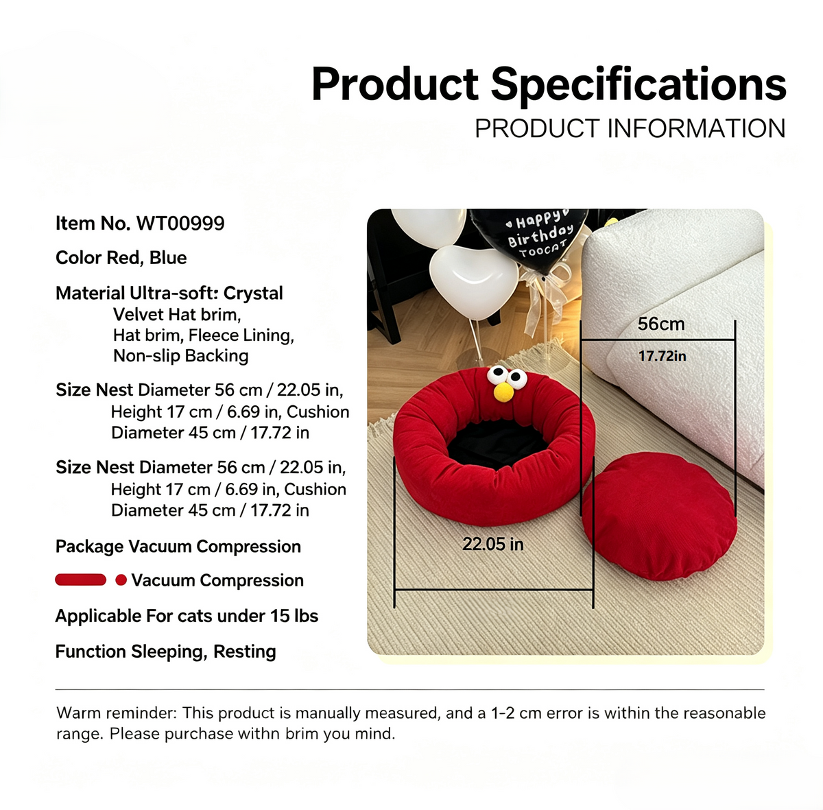 Monster Face Round Bolster Cat Bed - dimensions materials and cat weight guide - image 2