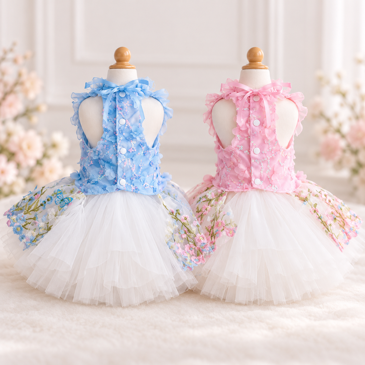 Back view of blue and pink floral butterfly tulle pet dresses on mannequins