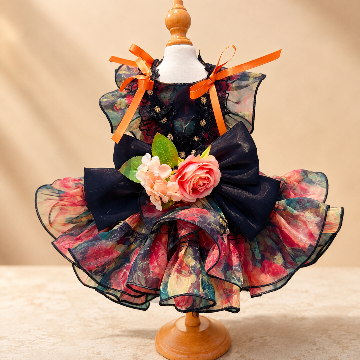 Studio front view of multicolor floral tulle pet dress with dark bow and flowers