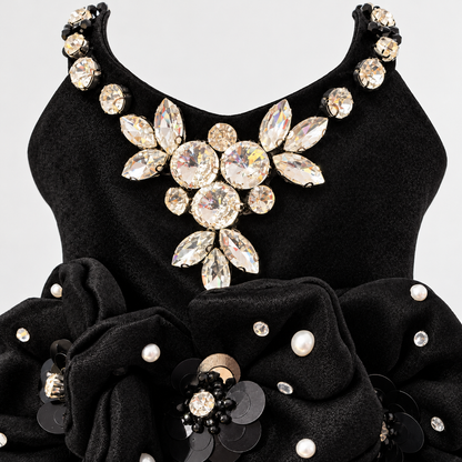 Detailed view of jeweled neckline and floral waist embellishments on black pet dress