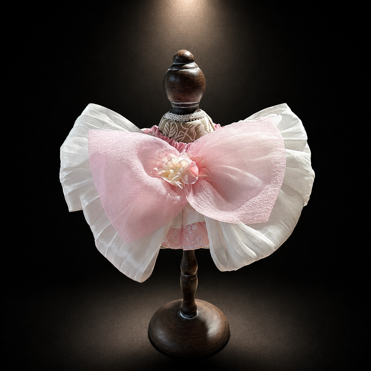 Pink White Floral Satin Lace Pet Bib Collar - large pink white back bow