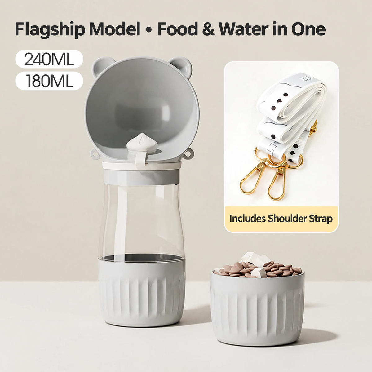 Gray 2-in-1 pet water bottle with open drinking tray food cup and shoulder strap