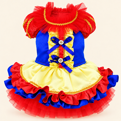 Handmade red blue and yellow Christmas pet dress on white background