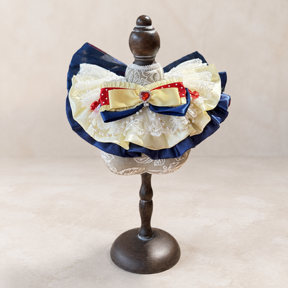 Storybook satin lace pet bib collar front view with red navy ivory ruffles and heart detail