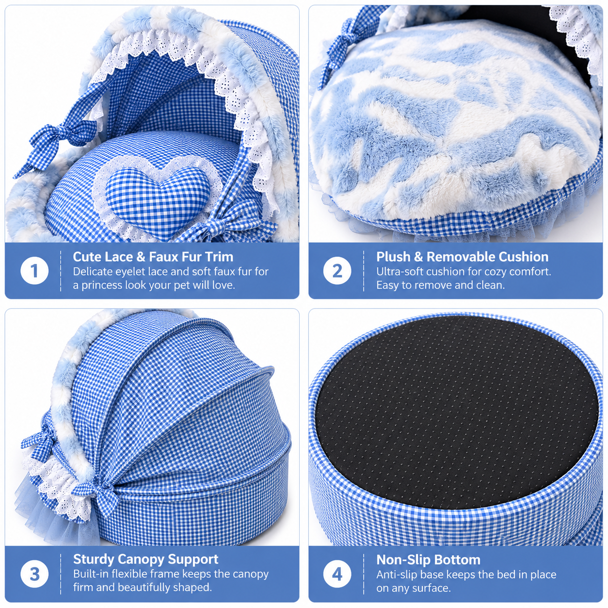 Feature collage showing blue gingham pet bed lace trim removable cushion canopy support and non slip bottom