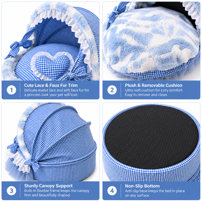 Feature collage showing blue gingham pet bed lace trim removable cushion canopy support and non slip bottom